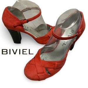 NEW BIVIEL ANTROPOLOGIE CORAL RED NUBUCK LEATHER HEELS, ANKLE STRAPS 40 / 9